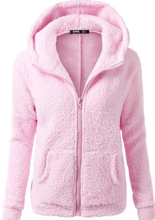 Soft pink women's fleece hoodie with zipper and pockets, ideal for casual winter wear. Cozy, medium stretch fabric. Product code: SF0141.